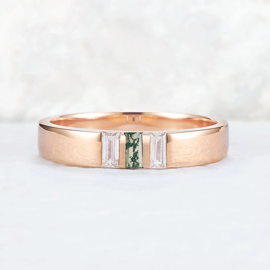 Mens Three Stones Wedding Band with Baguette Cut Moss Agate Inlay