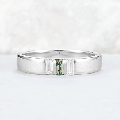 Mens Three Stones Wedding Band with Baguette Cut Moss Agate Inlay