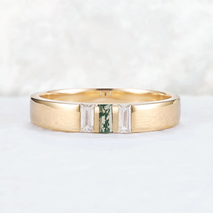 Mens Three Stones Wedding Band with Baguette Cut Moss Agate Inlay