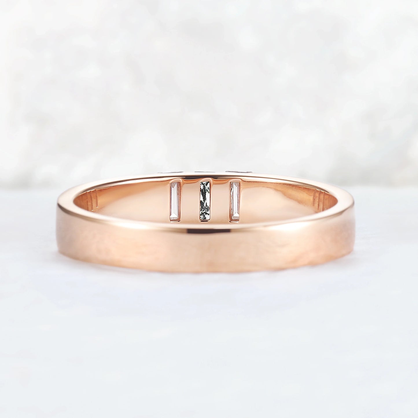 Mens Three Stones Wedding Band with Baguette Cut Moss Agate Inlay