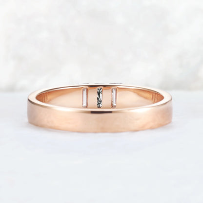Mens Three Stones Wedding Band with Baguette Cut Moss Agate Inlay