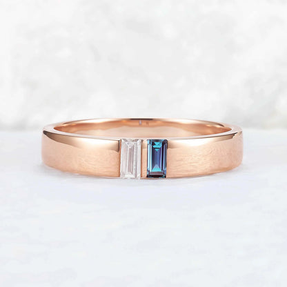 Mens Two Stones Wedding Band with Baguette Cut Alexandrite Inlay