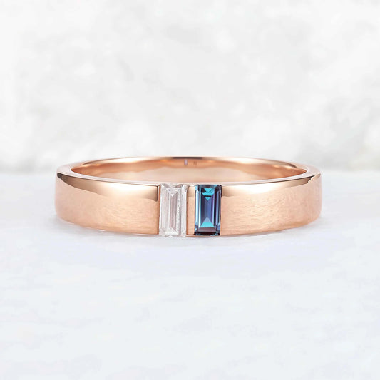 Mens Two Stones Wedding Band with Baguette Cut Alexandrite Inlay
