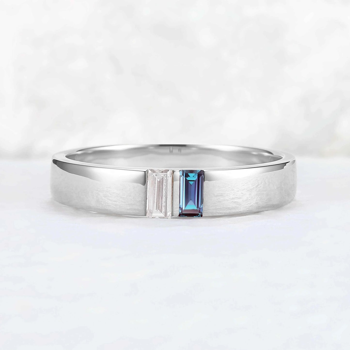Mens Two Stones Wedding Band with Baguette Cut Alexandrite Inlay