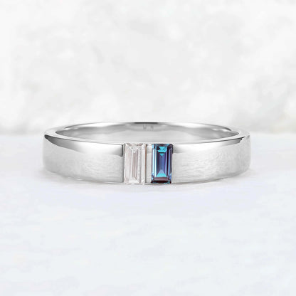 Mens Two Stones Wedding Band with Baguette Cut Alexandrite Inlay