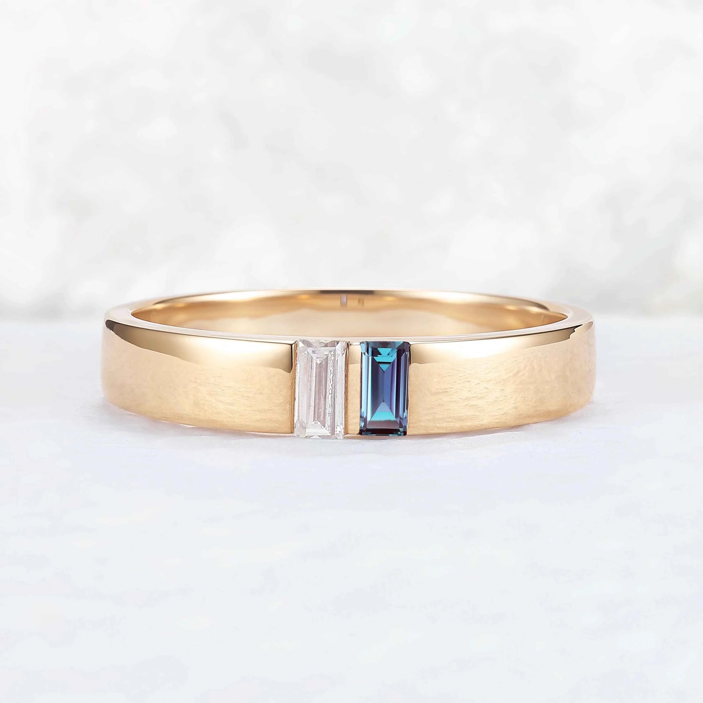 Mens Two Stones Wedding Band with Baguette Cut Alexandrite Inlay