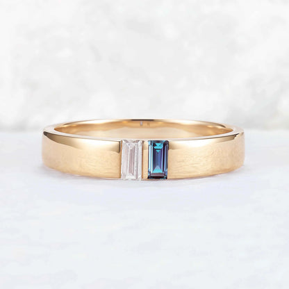 Mens Two Stones Wedding Band with Baguette Cut Alexandrite Inlay