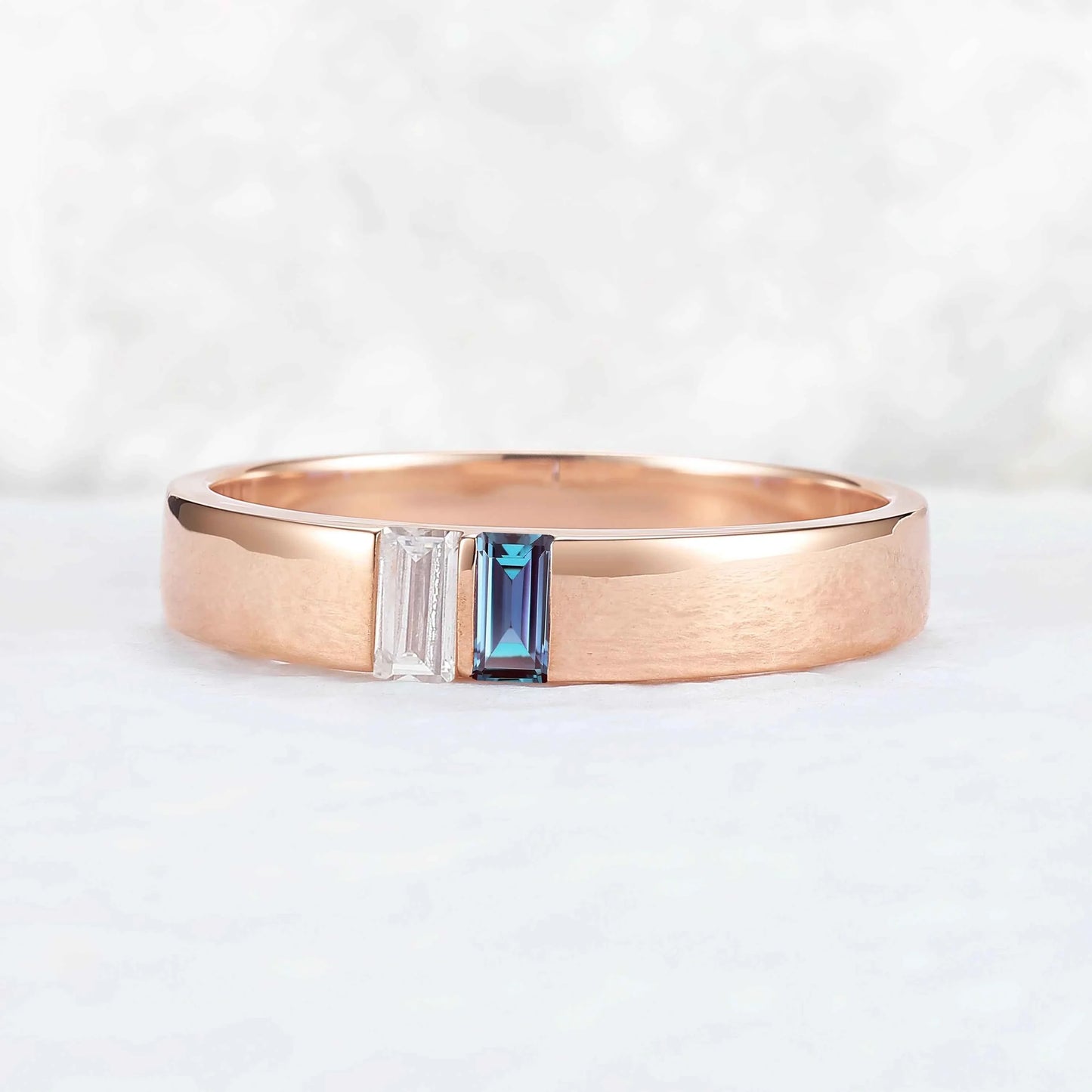 Mens Two Stones Wedding Band with Baguette Cut Alexandrite Inlay