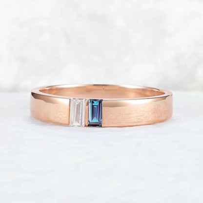 Mens Two Stones Wedding Band with Baguette Cut Alexandrite Inlay