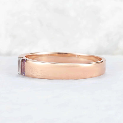 Mens Two Stones Wedding Band with Baguette Cut Alexandrite Inlay