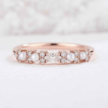 Minimalist Dainty Pearl Moissanite Half Eternity Stacking Ring