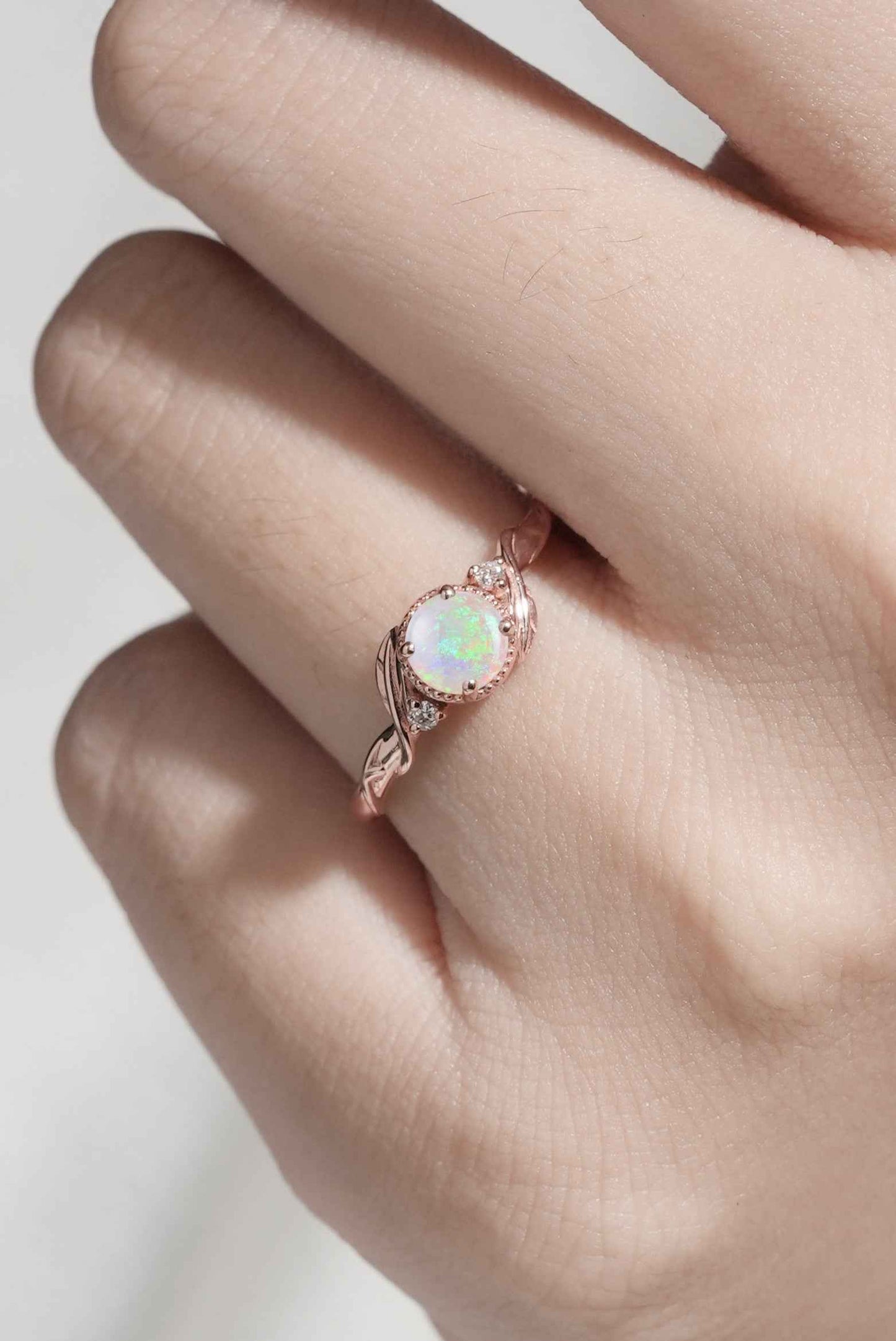 Nature Inspired Round Opal Leafy Twisted Gemstone Ring Set 2pcs