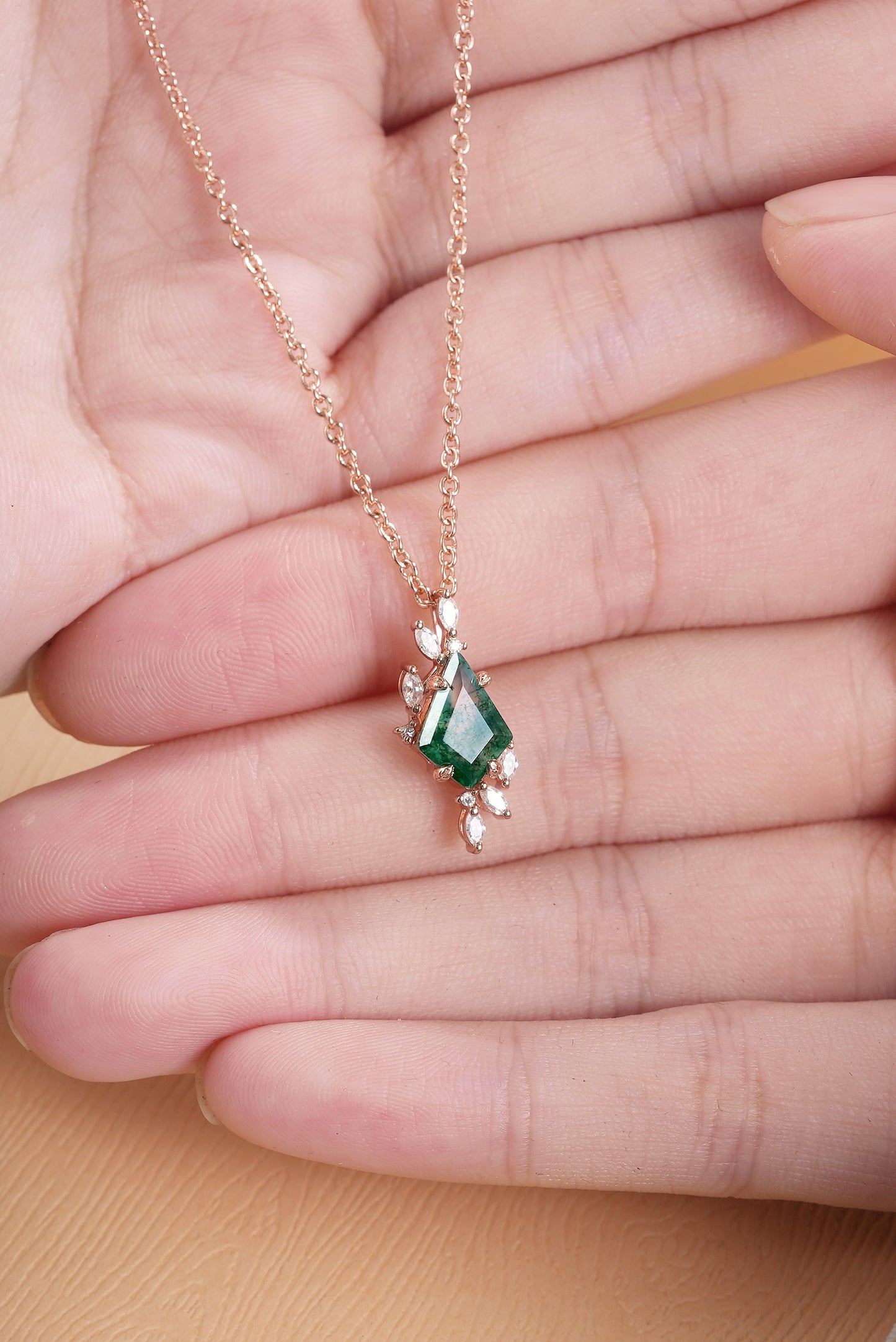 Natural Inspired Kite Cut Moss Agate Leafy Necklace