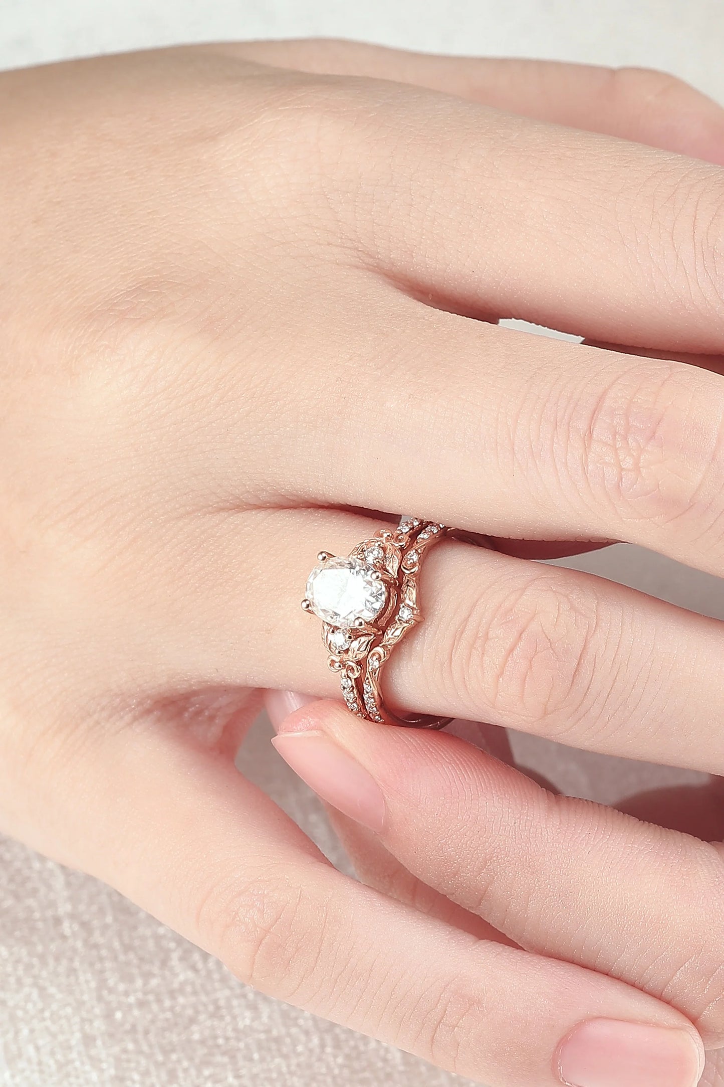 Natural Inspired Oval Cut Moissanite Twig Buds Ring Set 2pcs
