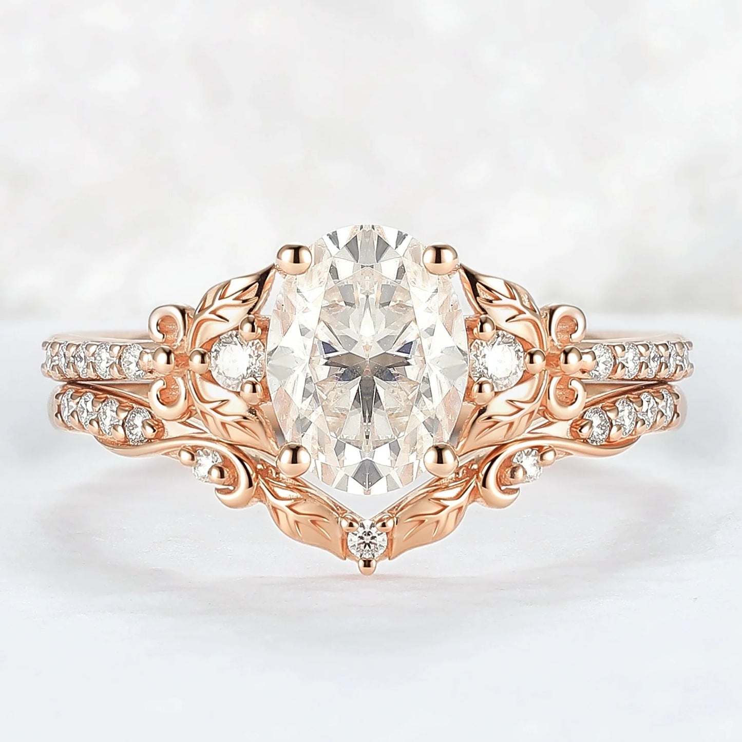 Natural Inspired Oval Cut Moissanite Twig Buds Ring Set 2pcs