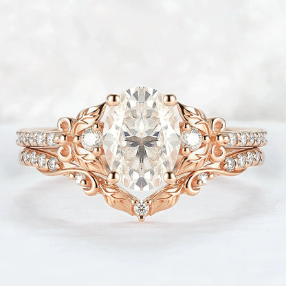 Natural Inspired Oval Cut Moissanite Twig Buds Ring Set 2pcs