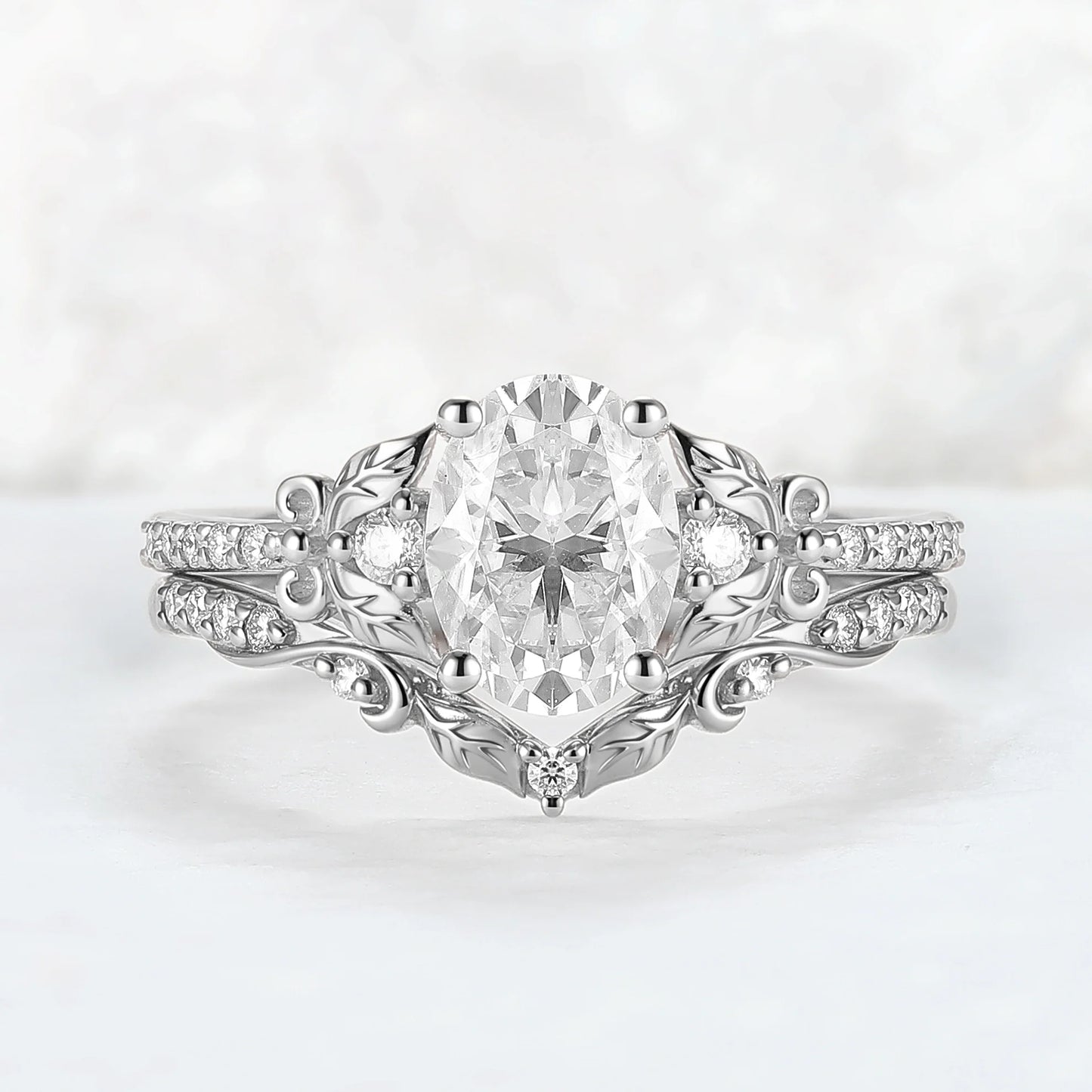 Natural Inspired Oval Cut Moissanite Twig Buds Ring Set 2pcs