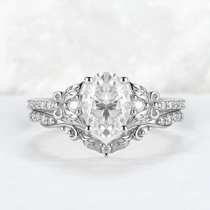 Natural Inspired Oval Cut Moissanite Twig Buds Ring Set 2pcs