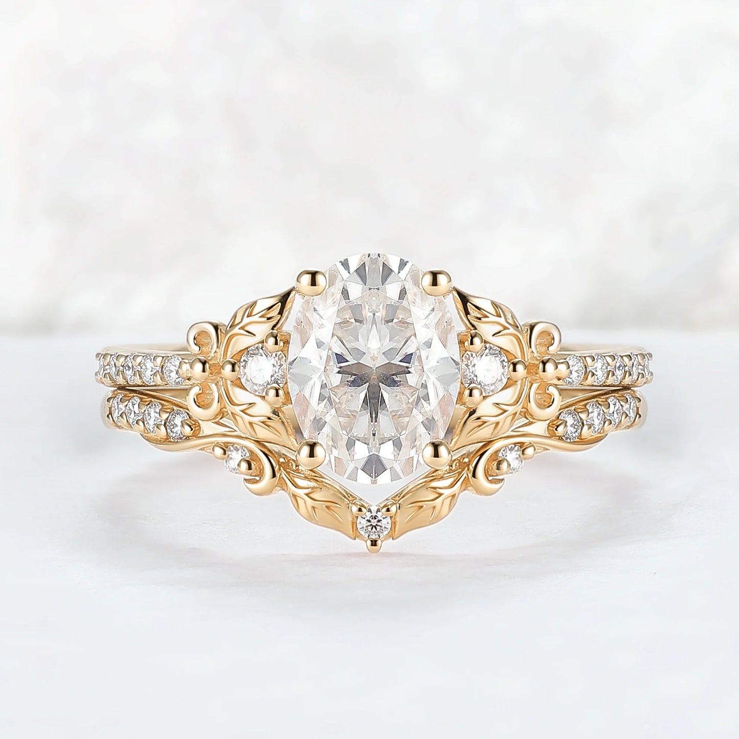 Natural Inspired Oval Cut Moissanite Twig Buds Ring Set 2pcs