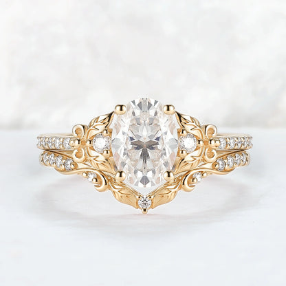 Natural Inspired Oval Cut Moissanite Twig Buds Ring Set 2pcs