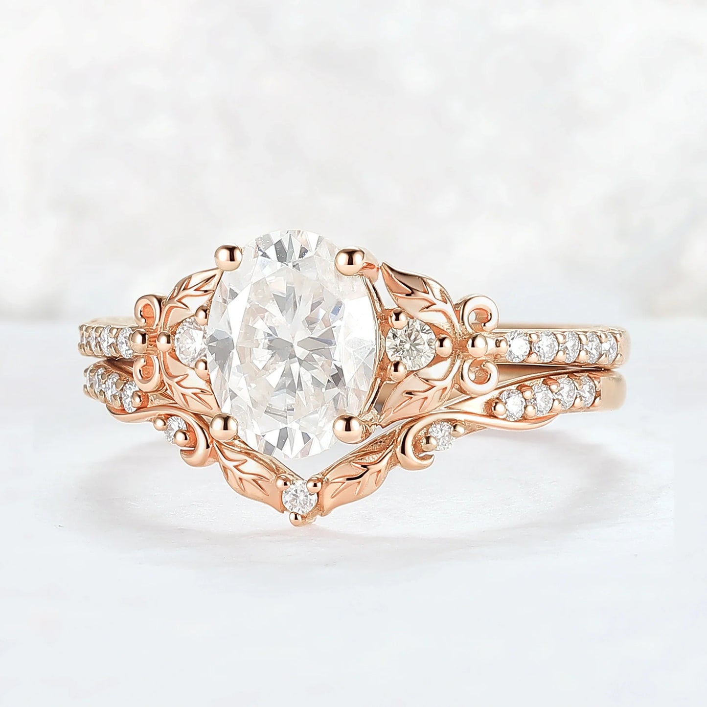 Natural Inspired Oval Cut Moissanite Twig Buds Ring Set 2pcs