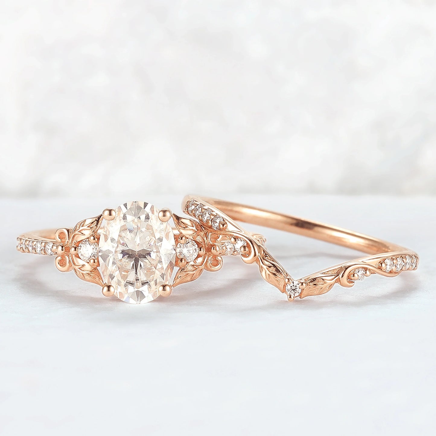 Natural Inspired Oval Cut Moissanite Twig Buds Ring Set 2pcs