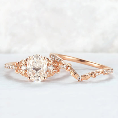 Natural Inspired Oval Cut Moissanite Twig Buds Ring Set 2pcs
