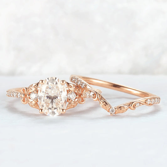 Natural Inspired Oval Cut Moissanite Twig Buds Ring Set 2pcs