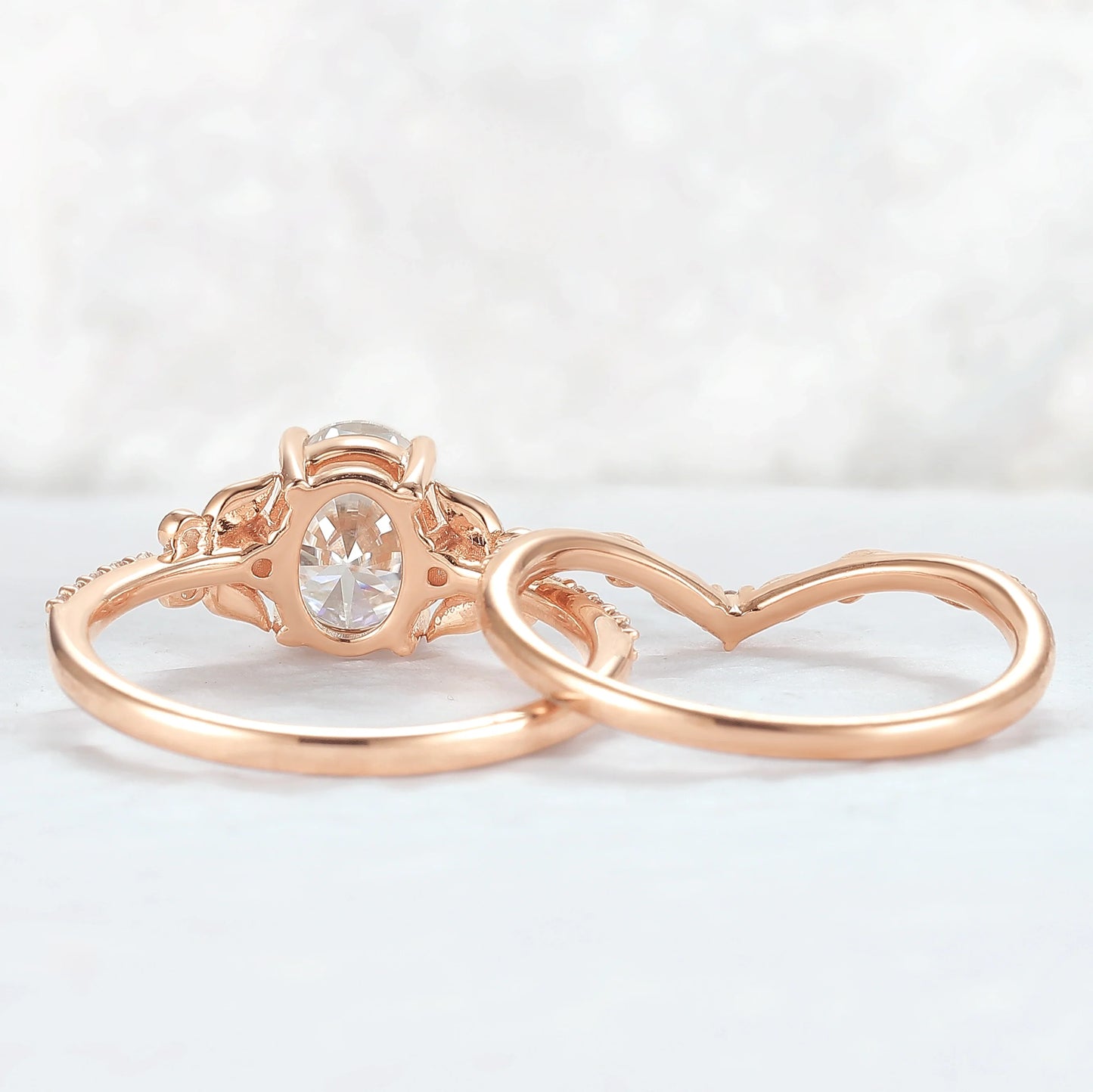 Natural Inspired Oval Cut Moissanite Twig Buds Ring Set 2pcs
