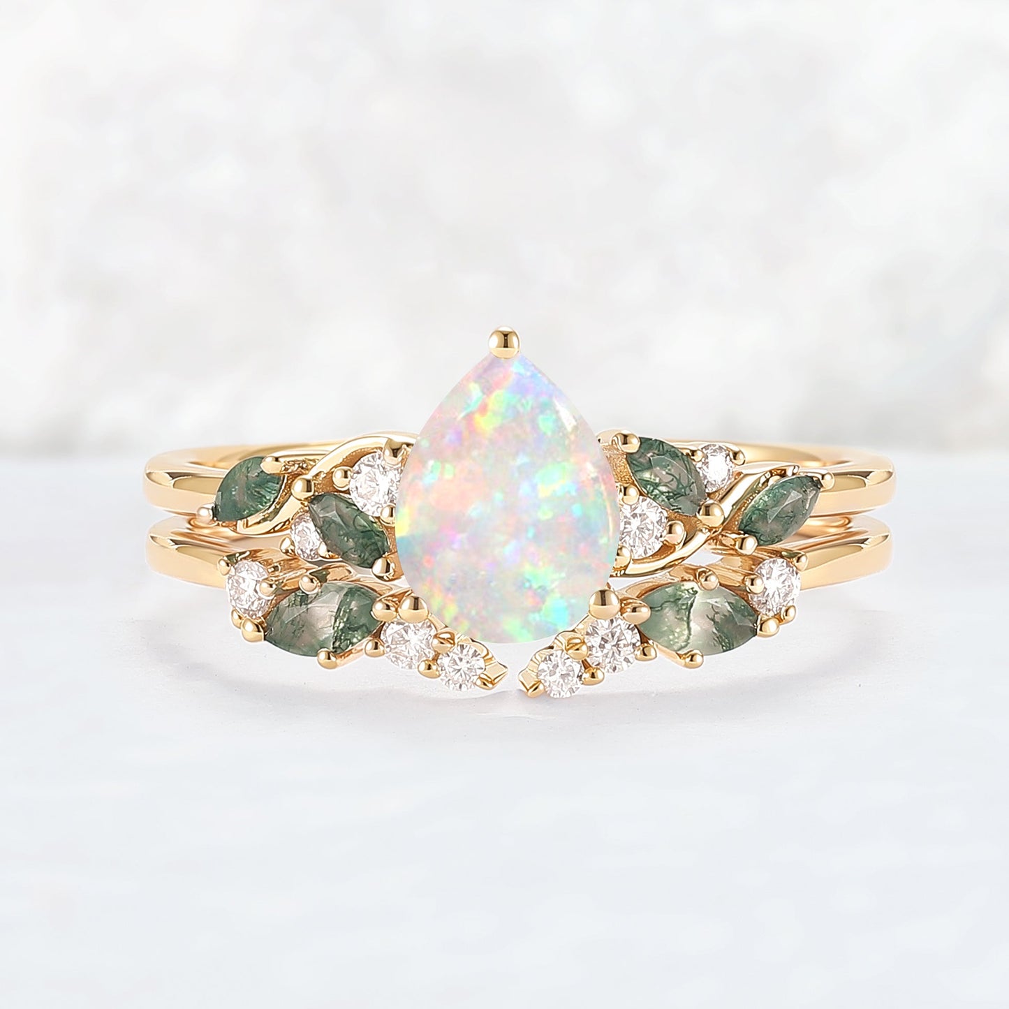 Natural Pear Shaped Opal Vine Ring Set 2pcs