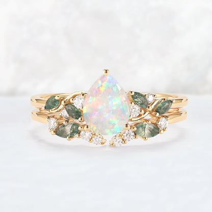 Natural Pear Shaped Opal Vine Ring Set 2pcs