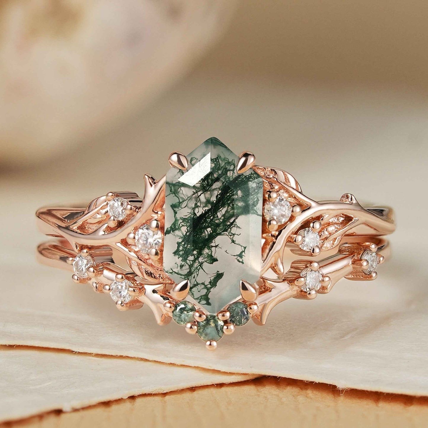Nature Hexagon Cut Moss Agate Vine Ring Set 2pcs