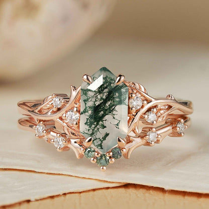 Nature Hexagon Cut Moss Agate Vine Ring Set 2pcs