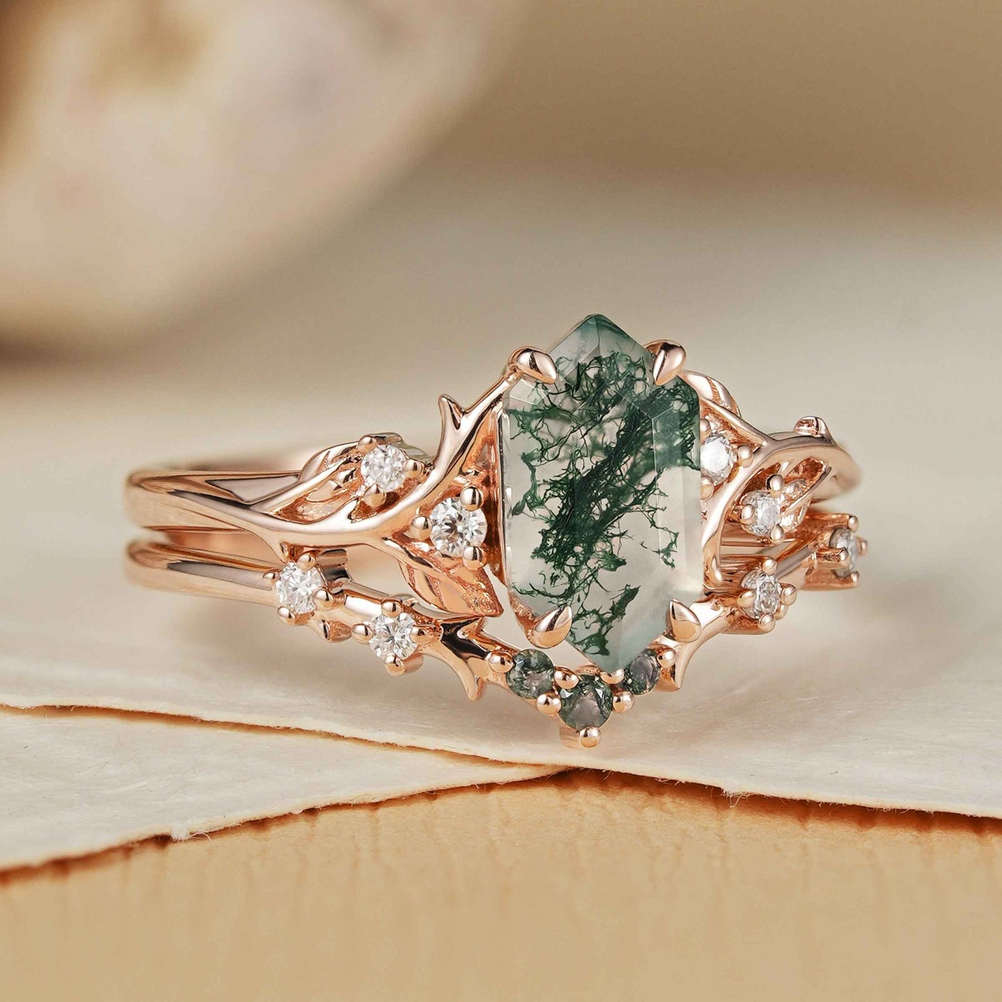 Nature Hexagon Cut Moss Agate Vine Ring Set 2pcs