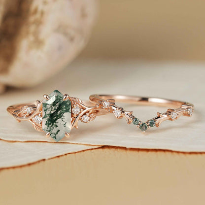 Nature Hexagon Cut Moss Agate Vine Ring Set 2pcs