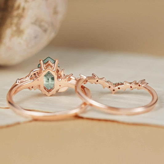 Nature Hexagon Cut Moss Agate Vine Ring Set 2pcs
