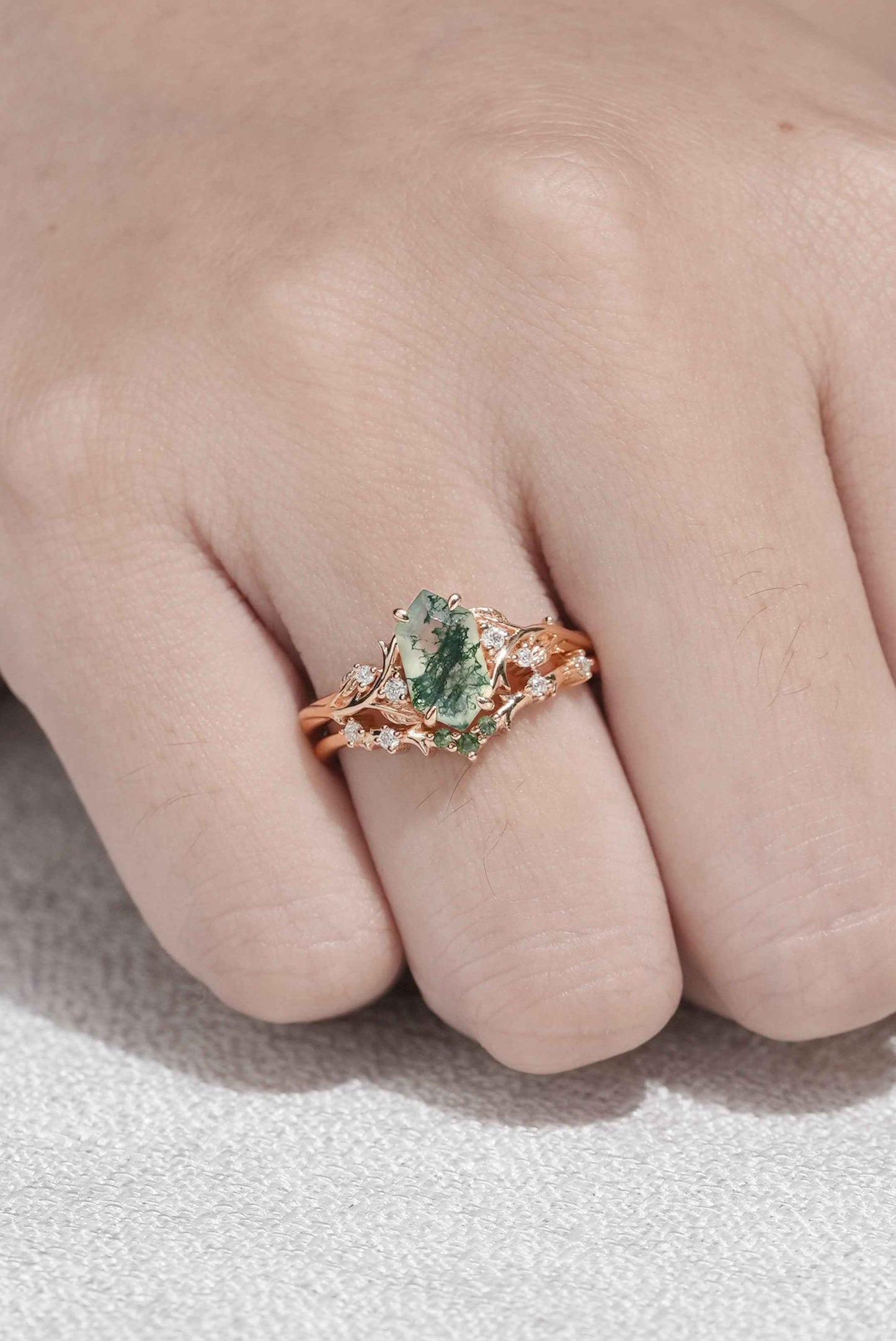 Nature Hexagon Cut Moss Agate Vine Ring Set 2pcs