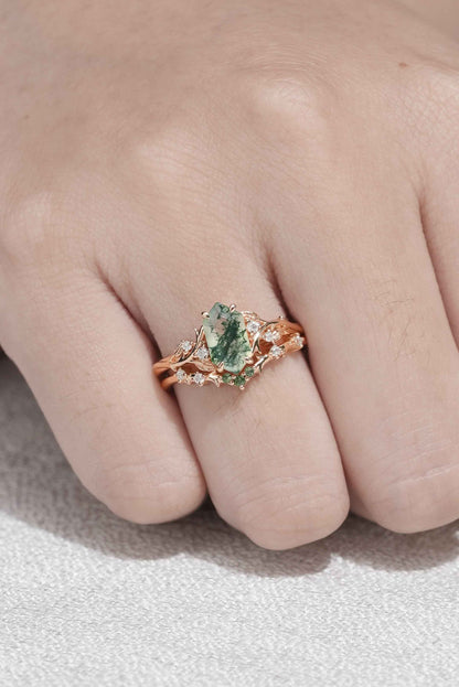 Nature Hexagon Cut Moss Agate Vine Ring Set 2pcs