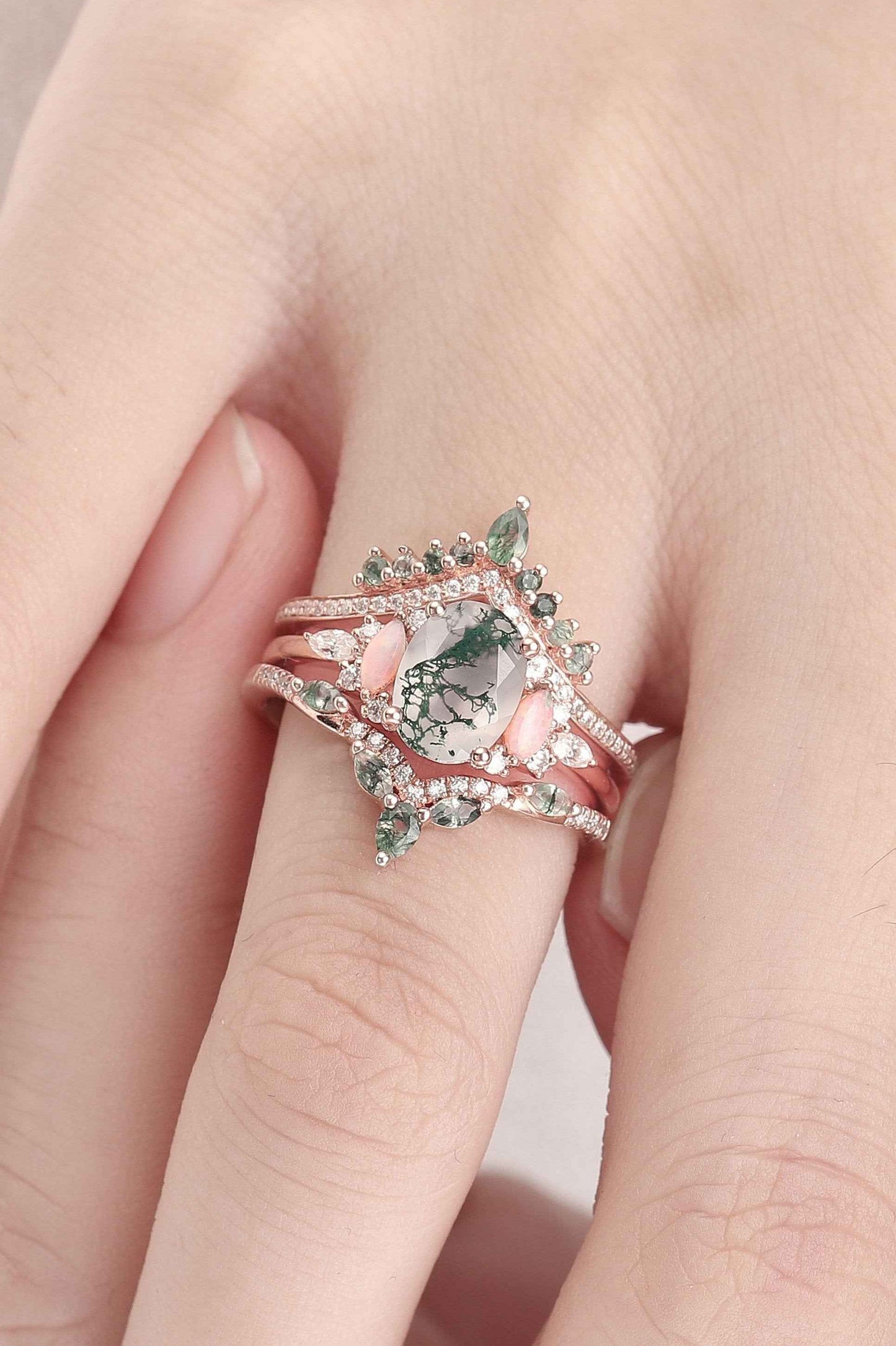 Nature Inspired Oval Cut Moss Agate Cluster Gemstone Ring Set 3pcs