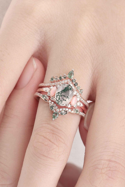 Nature Inspired Oval Cut Moss Agate Cluster Gemstone Ring Set 3pcs