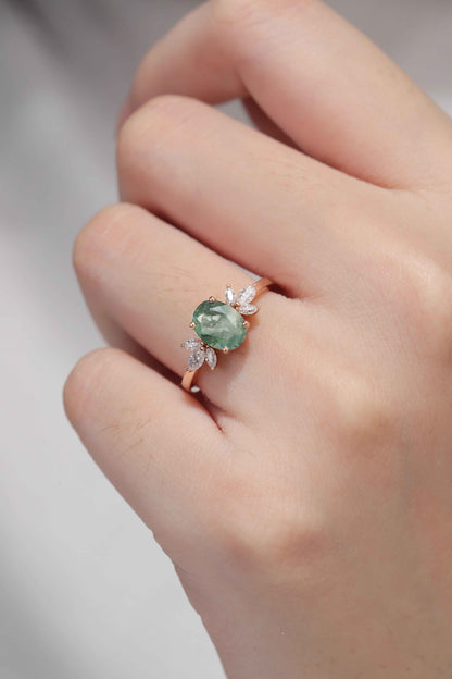 Nature Inspired Oval Cut Moss Agate with Petal Side Gemstone Ring