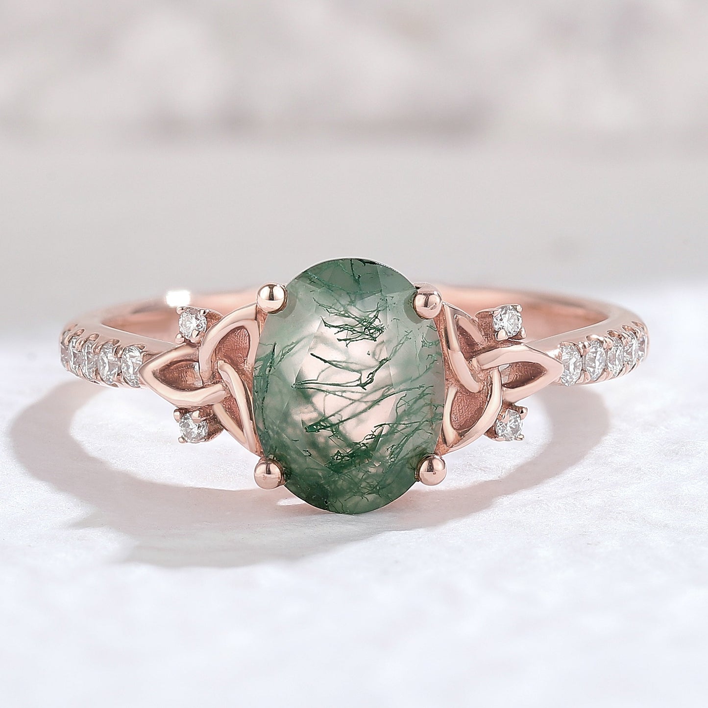 Unique Celtic knot Oval Moss Agate Vine Gemstone Ring