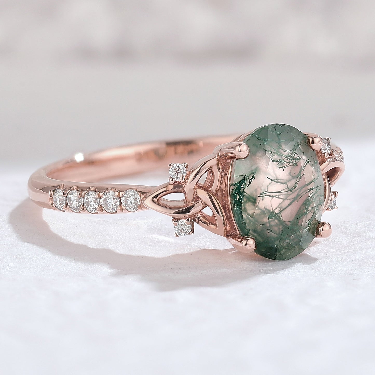 Unique Celtic knot Oval Moss Agate Vine Gemstone Ring