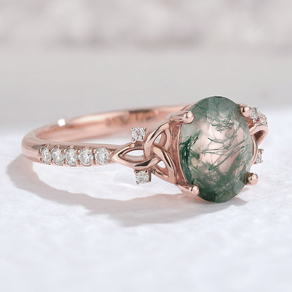 Unique Celtic knot Oval Moss Agate Vine Gemstone Ring