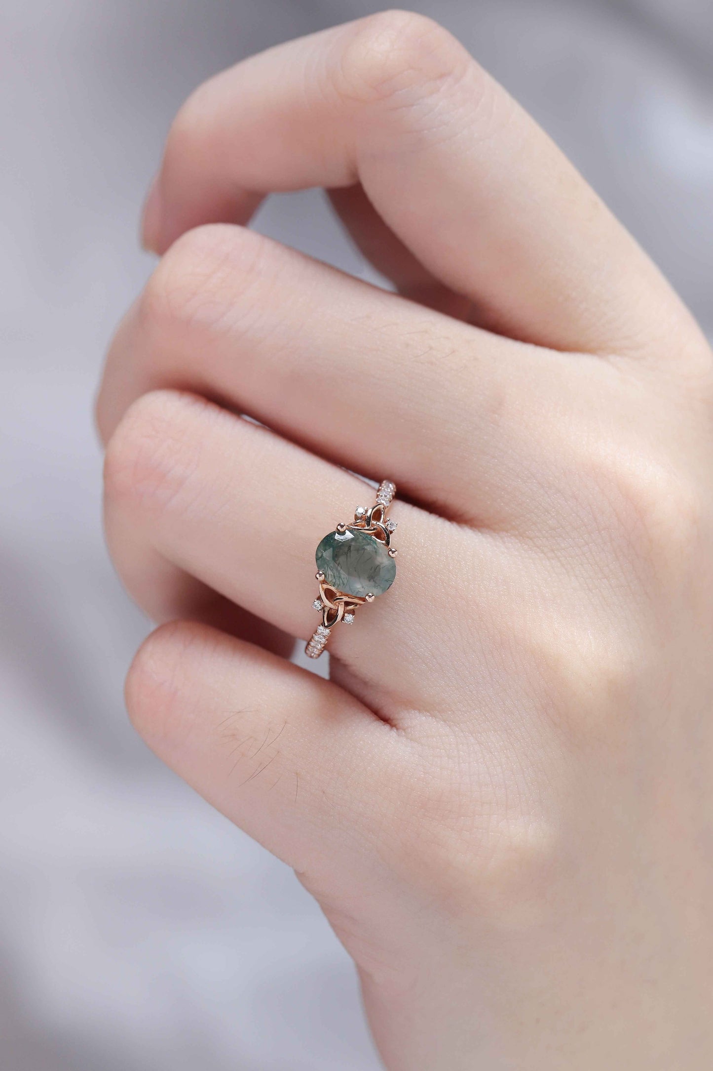 Unique Celtic knot Oval Moss Agate Vine Gemstone Ring