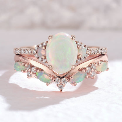 Nature Inspired Oval Shaped Natural Opal Gemstone Ring Set 2pcs