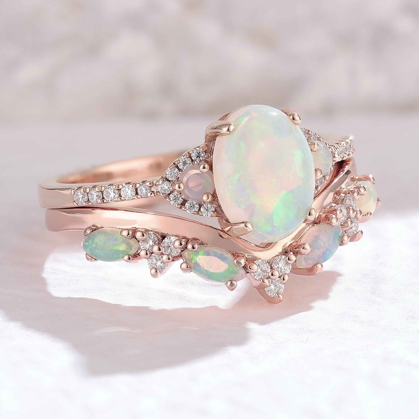 Nature Inspired Oval Shaped Natural Opal Gemstone Ring Set 2pcs