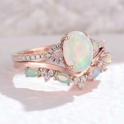 Nature Inspired Oval Shaped Natural Opal Gemstone Ring Set 2pcs