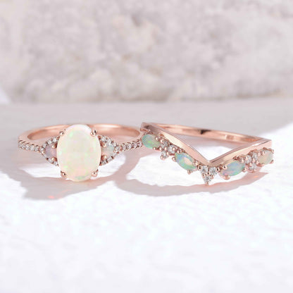 Nature Inspired Oval Shaped Natural Opal Gemstone Ring Set 2pcs