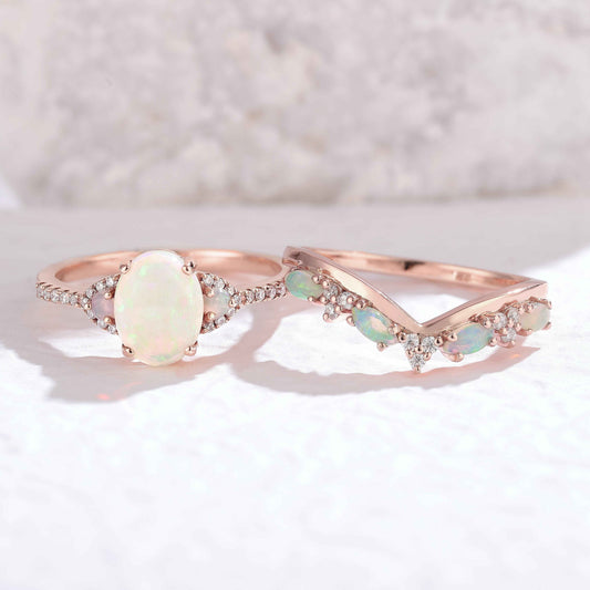 Nature Inspired Oval Shaped Natural Opal Gemstone Ring Set 2pcs